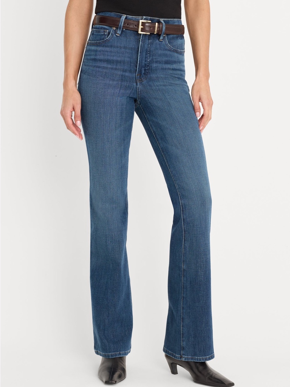 Good American Good Classic Mid-Rise Bootcut Jeans in Blue Denim